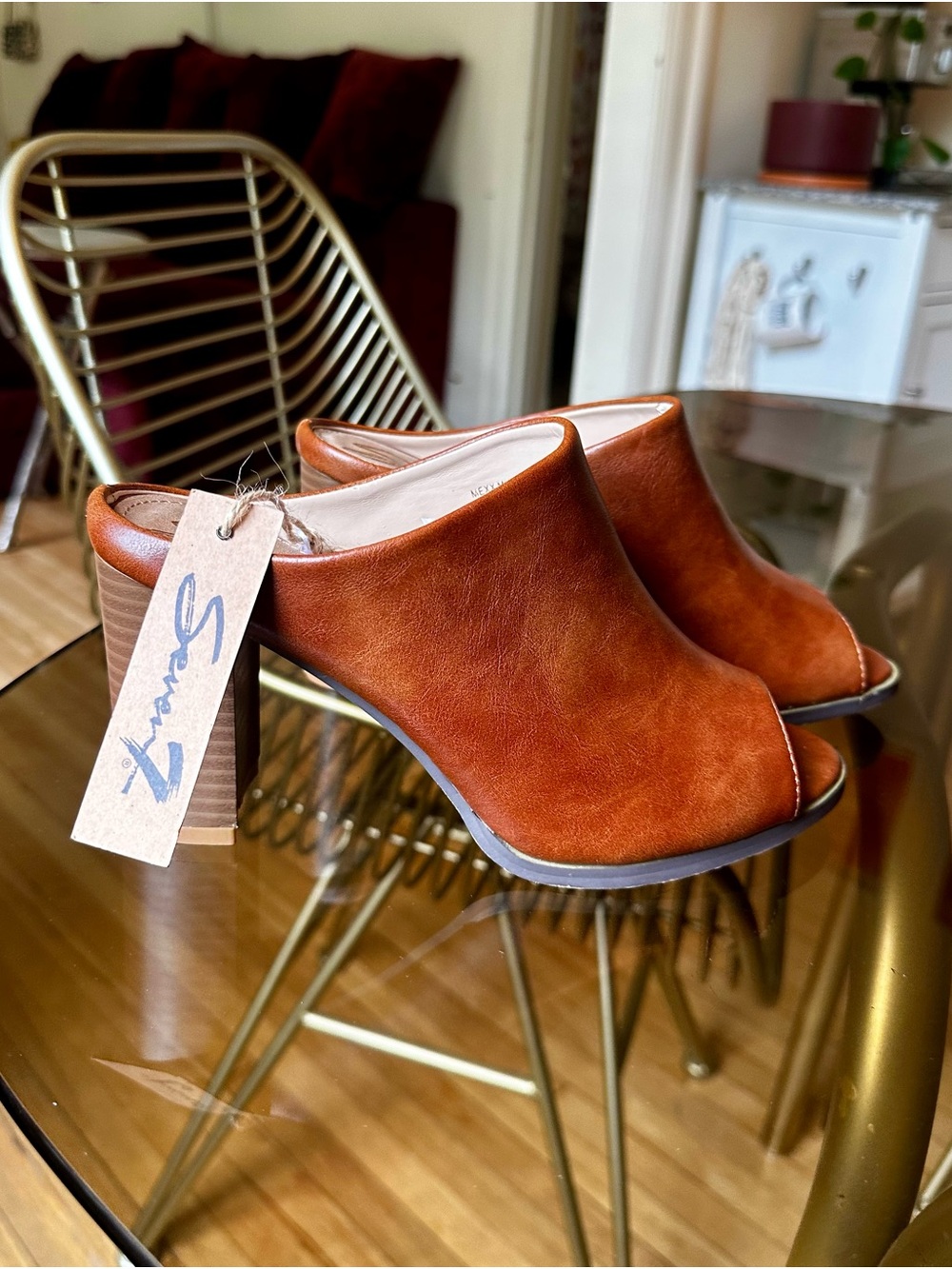 Seven7 Brown Faux Leather Peep-Toe Mule Heels